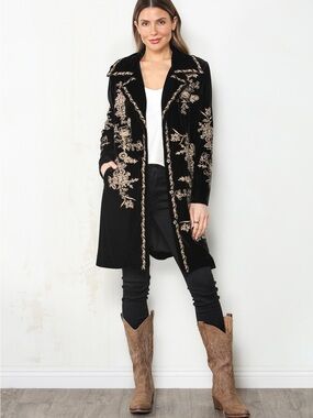 Embroidered Black Velvet Duster Coat